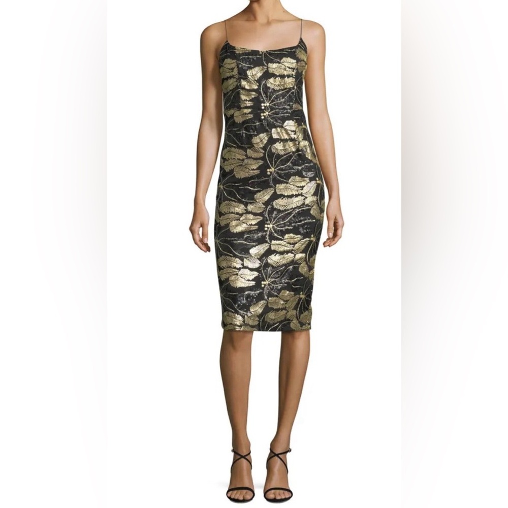 Mestiza New York Sleeveless Black Gold Beaded Cocktail Sheath Dress